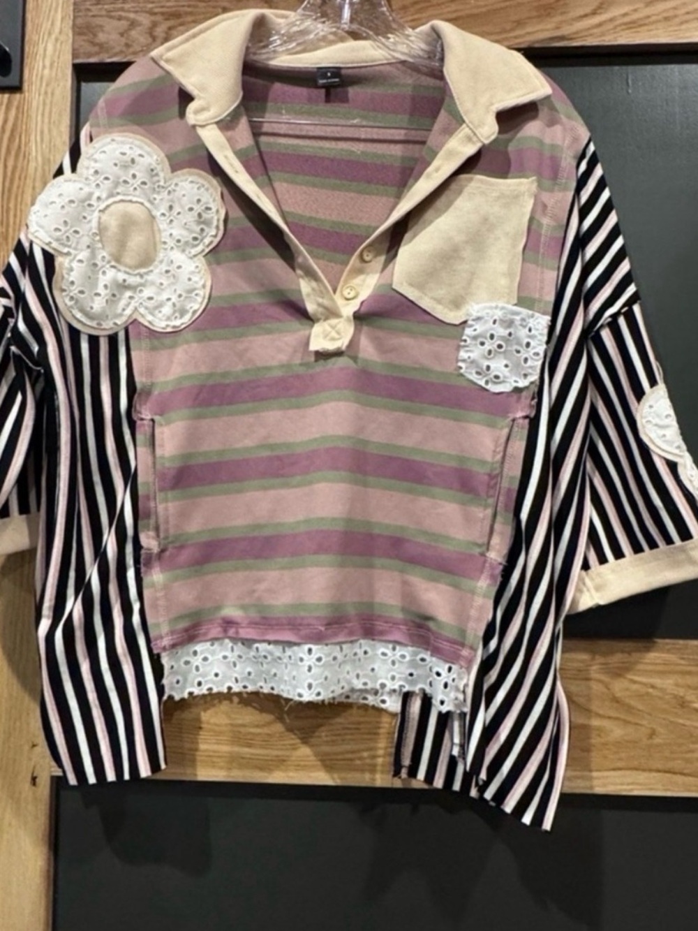Patchwork Mixed Media Floral Eyelet Striped Polo Top Small Boho Cottagecore